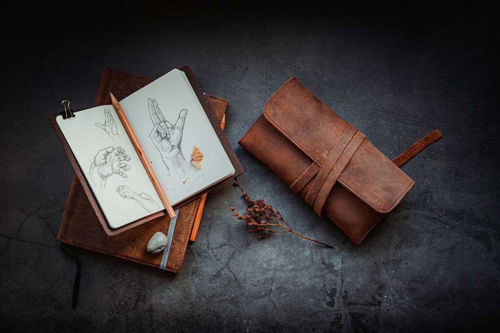 A leather bound artists sketchbook